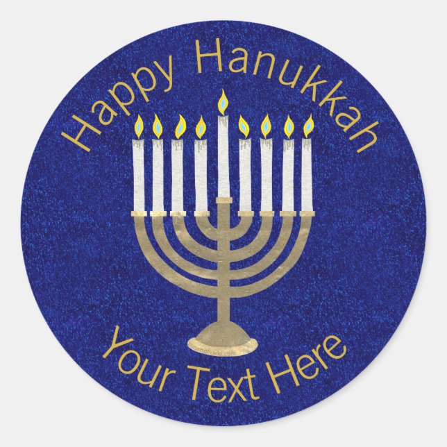 Hanukkah Gold Menorah On Rich Blue Background Classic Round Sticker (Front)