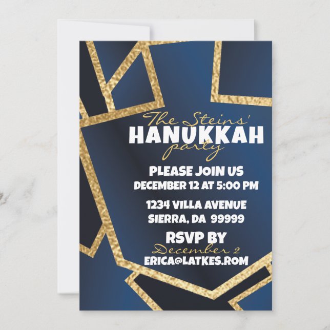 Hanukkah Golden Dreidels Navy Blue Invitation (Front)