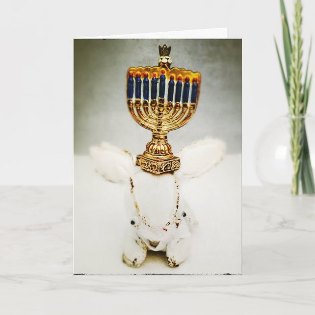 Hanukkah Greeting Card - Aldo a Rabbit and Menorah (Front)