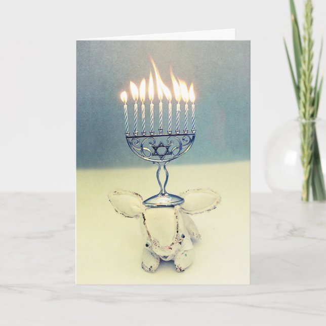 Hanukkah Greeting Card - Aldo a Rabbit and Menorah (Front)