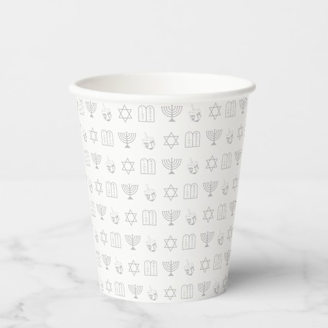 Hanukkah grey and white jewish holiday pattern paper cups (Front)