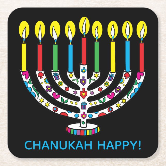 Hanukkah Hanukkiah Colourful Menorah Square Paper Coaster (Front)
