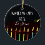 Hanukkah Happy Colourful Menorah Candles Ceramic Ornament<br><div class="desc">Hanukkah "Hanukkah Happy Colourful Menorah Candles" Circle Ornament. (2 sided) Personalise by deleting text on front and back of the ornament. Then using your favourite font colour, size, and style, type in your own words. Thanks for stopping and shopping by. Much appreciated! Happy Chanukah/Hanukkah! Bring a lot more holiday cheer...</div>