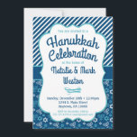 Hanukkah Invitation Blue Menorah Star Of David<br><div class="desc">A cute blue Hanukkah invitation featuring a menorah and Star of David pattern in blue and turquoise,  along with blue and white stripes. Let this charming and fun Chanukah celebration invite be your stylish way to celebrate the holidays.</div>