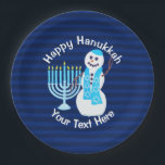 Hanukkah Jewish Snowman And Blue Menorah Party Paper Plate<br><div class="desc">This smiling Hanukkah snowman with his Star Of David scarf in bright blue is ready to bring the cheer to your Hanukkah party. Custom paper plates make clean up a breeze. Dark blue stripes and a blue Menorah set off your personalised text for a unique and festive party table. Be...</div>