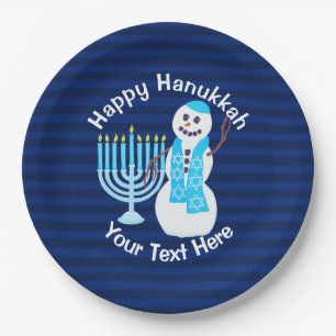 Hanukkah Jewish Snowman And Blue Menorah Party Paper Plate