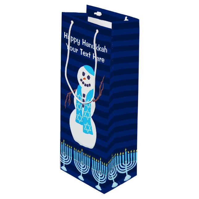 Hanukkah Jewish Snowman And Blue Menorah Tall Wine Gift Bag (Front Angled)