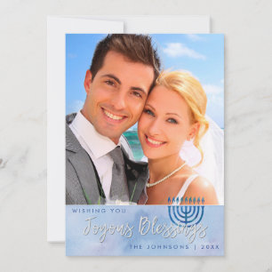 Hanukkah Joyous Blessings Blue Watercolor Holiday Card