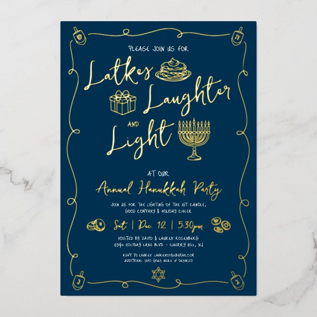Hanukkah Latke Laughter Light Doodles Real Gold Foil Holiday Card (Front)