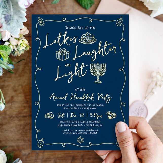 Hanukkah Latke Laughter Light Doodles Real Gold Foil Holiday Card (Creator Uploaded)