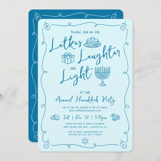 Hanukkah Latke Laughter Light Teal Doodles Party Invitation (Front/Back)