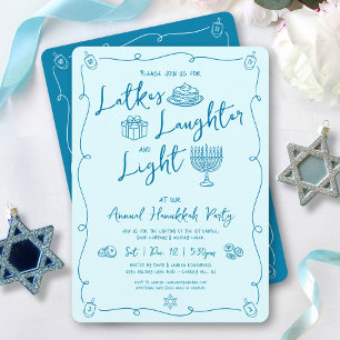 Hanukkah Latke Laughter Light Teal Doodles Playful Invitation