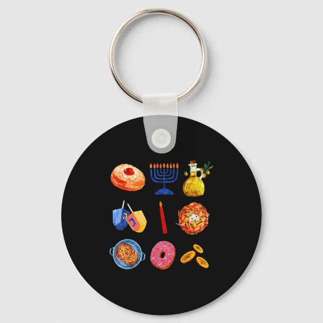 Hanukkah Latke Menorah Dreidel Donut Chanukah Jewi Key Ring (Front)