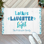Hanukkah Latkes Laughter Light Blue and White Wood Doormat<br><div class="desc">“Latkes, laughter & light.” Fun whimsical handcrafted typography along with a random Star of David pattern in dusty blue, turquoise and teal on a rustic, white wood background help you usher in the festival of lights. Feel the warmth and joy of the holiday season whenever you enhance your entryway with...</div>