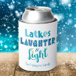 Hanukkah Latkes Laughter Light Fun Bold Typography Can Cooler<br><div class="desc">“Latkes, laughter & light.” Playful, whimsical handcrafted typography in dusty blue, turquoise and teal on a clean, white background, along with your name or custom greeting, help you usher in Hanukkah. Feel the warmth of the holiday season whenever you relax with your favourite beverage with this stylish and modern Hanukkah...</div>