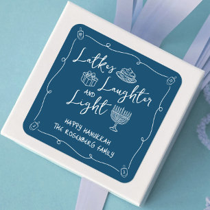 Hanukkah Latkes Laughter Light Navy Hand Drawn Fun Square Sticker