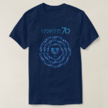 Hanukkah Lights Festival Anniversary 70 T-Shirt<br><div class="desc">Happy Hanukkah Festival of Lights Anniversary 70th Celebration concept design for Clothing & Shoes, Men, Clothing, Tops & T-Shirts, Men's T-Shirts. Trendy design Israeli flag blue colour, traditional Chanukah symbols - wooden dreidels (spinning top), doughnuts, Hanukkiah - menorah, candles, Blue star of David, Israeli flag blue colour, and glowing lights...</div>