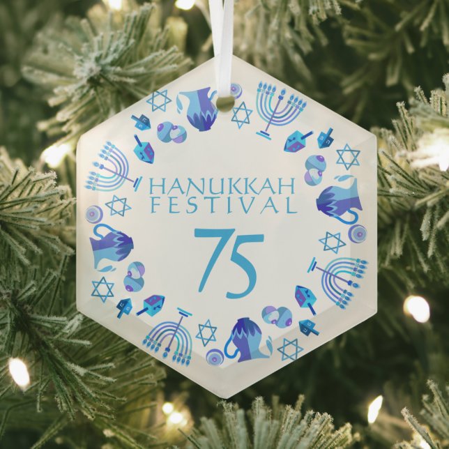 Hanukkah Lights Festival Anniversary 75th Blue Glass Tree Decoration (Insitu)