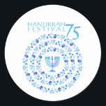 Hanukkah Lights Festival Anniversary 75th Classic Round Sticker<br><div class="desc">Happy Hanukkah Party Beautiful Blue Decoration, Jewish Holiday, Keychain. Jewish Holiday Hanukkah background with traditional Chanukah symbols - wooden dreidels (spinning top), doughnuts, Hanukkiah - menorah, candles, Blue star of David, Israeli flag blue colour, and glowing lights wallpaper pattern. Hanukkah Lights Festival Israel Anniversary 75th Event Decoration. Jerusalem, Israel. Accessories...</div>