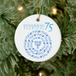 Hanukkah Lights Festival Anniversary 75th Magnet Ceramic Ornament<br><div class="desc">Happy Hanukkah Party Beautiful Blue Decoration, Jewish Holiday, Refrigerator Magnet. Jewish Holiday Hanukkah background with traditional Chanukah symbols - wooden dreidels (spinning top), doughnuts, Hanukkiah - menorah, candles, Blue star of David, Israeli flag blue colour, and glowing lights wallpaper pattern. Hanukkah Lights Festival Israel Anniversary 75 Event Decoration. Jerusalem, Israel....</div>