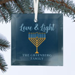 Hanukkah Love & Light Custom Blue Gold Menorah Glass Tree Decoration<br><div class="desc">Cute customisable Love and Light Hanukkah ornament for a Jewish family dinner or a Chanukah party with a synagogue. Personalise this pretty gift with your own last name or group information in blue under the pretty gold menorah.</div>