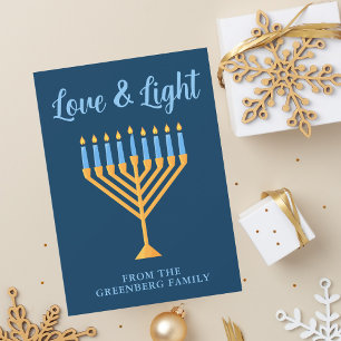 Hanukkah Love & Light Custom Menorah Blue Gold Holiday Card