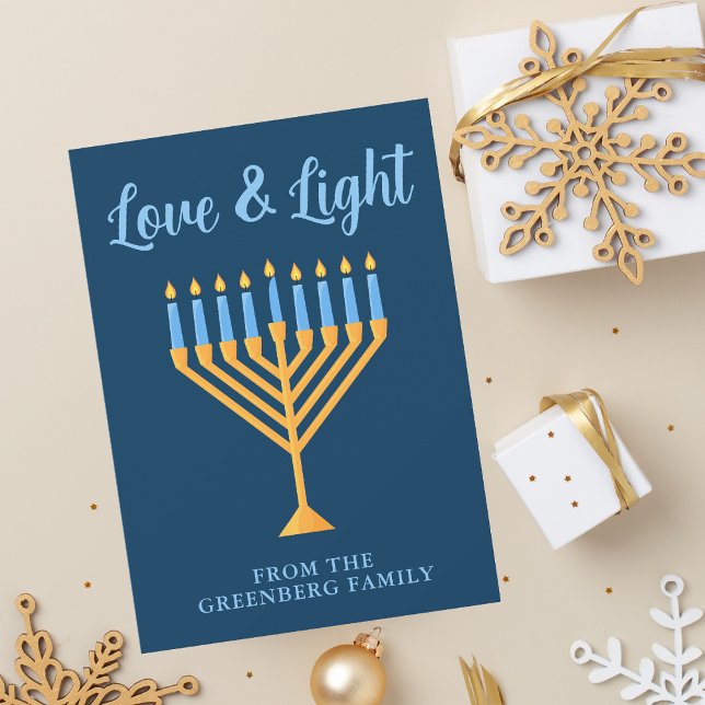 Hanukkah Love & Light Custom Menorah Blue Gold Holiday Card (Creator Uploaded)