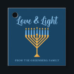 Hanukkah Love & Light Custom Menorah Blue Party Favour Tags<br><div class="desc">Cute custom Love and Light Hanukkah party favour tags for a Jewish family Chanukah dinner celebration with a synagogue. Personalise this pretty decor with your own last name or group information in blue under the pretty gold menorah.</div>