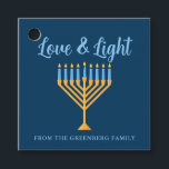 Hanukkah Love & Light Custom Menorah Blue Party Favour Tags<br><div class="desc">Cute custom Love and Light Hanukkah party favour tags for a Jewish family Chanukah dinner celebration with a synagogue. Personalise this pretty decor with your own last name or group information in blue under the pretty gold menorah.</div>