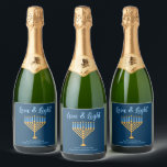 Hanukkah Love & Light Custom Menorah Blue Party Sparkling Wine Label<br><div class="desc">Cute custom Love and Light Hanukkah champagne bottle label for a Jewish family or a Chanukah party with a synagogue. Personalise with your own last name or group information in blue under the pretty gold menorah to give as gifts.</div>