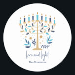 Hanukkah Love & Light Floral Menorah  Classic Round Sticker<br><div class="desc">Hanukkah Love & Light Floral Menorah stickers. Personalise the custom text above. You can find additional coordinating items in our "Floral Hanukkah Menorah and Dreidel" collection.</div>