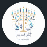 Hanukkah Love & Light Floral Menorah  Classic Round Sticker<br><div class="desc">Hanukkah Love & Light Floral Menorah stickers. Personalise the custom text above. You can find additional coordinating items in our "Floral Hanukkah Menorah and Dreidel" collection.</div>
