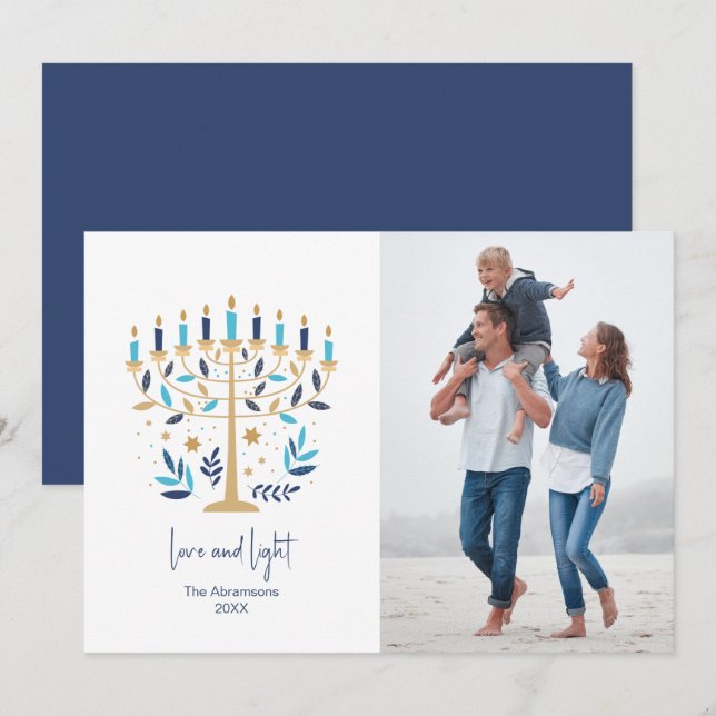 Hanukkah Love & Light Floral Menorah Photo Card (Front/Back)