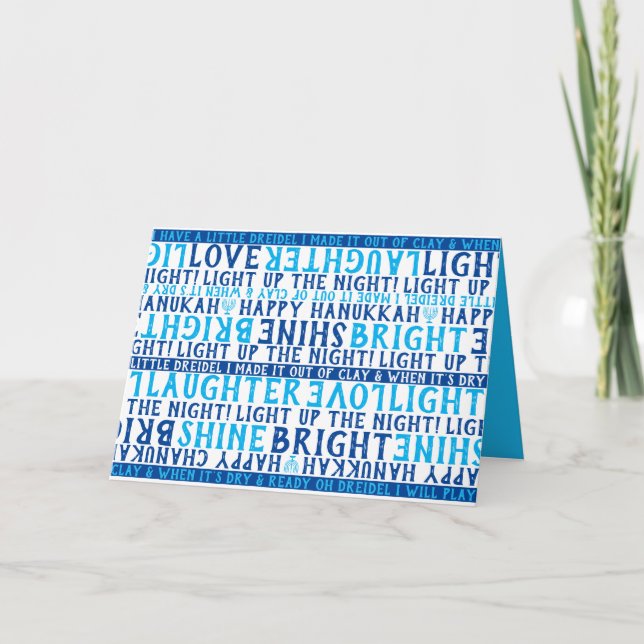 HANUKKAH Love Light Laughter Typography Blue Holiday Card (Front)