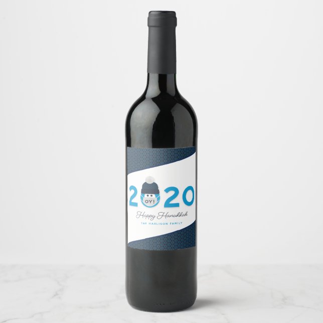 Hanukkah Masked 2020 Humourous Custom Holiday Blue Wine Label (Front)