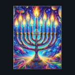 Hanukkah menorah aglow in psychedelic colours postcard<br><div class="desc">Celebrate the spirit of Hanukkah,  with its menorah aglow in a symphony of psychedelic colours,  each flame a beacon of hope and joy amidst a universe of patterns and light. 🕎✨🌈</div>