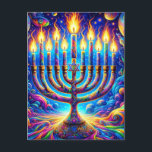 Hanukkah menorah aglow in psychedelic colours postcard<br><div class="desc">Celebrate the spirit of Hanukkah,  with its menorah aglow in a symphony of psychedelic colours,  each flame a beacon of hope and joy amidst a universe of patterns and light. 🕎✨🌈</div>