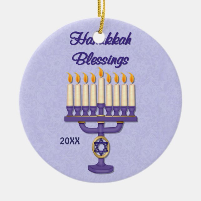 Hanukkah Menorah Blessings Ceramic Tree Decoration (Front)