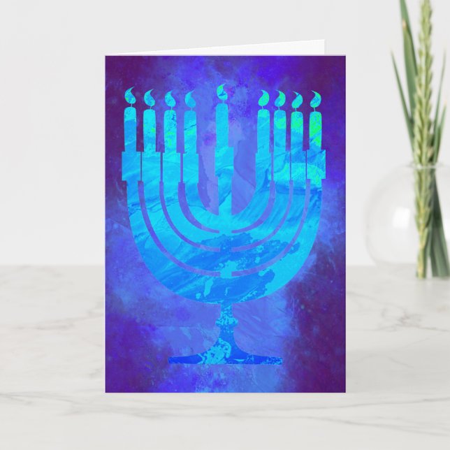Hanukkah Menorah Blue Smoke Watercolor Holiday Card (Front)