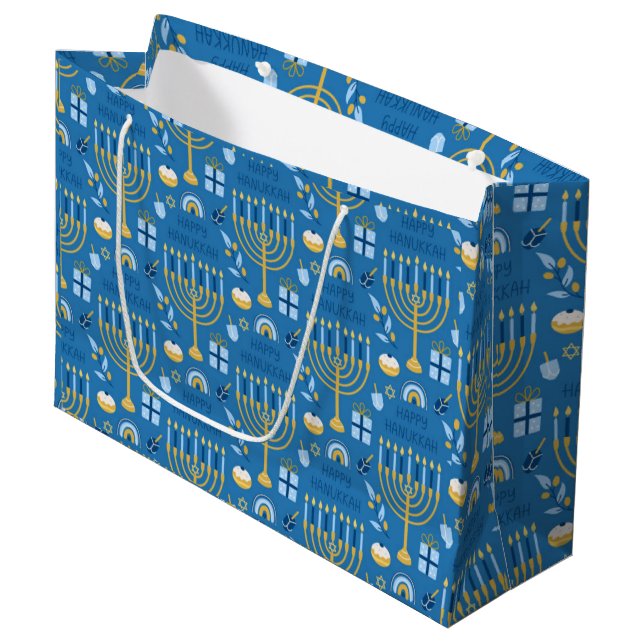 Hanukkah Menorah Blue Star Jewish  Large Gift Bag (Front Angled)