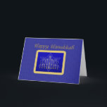 Hanukkah Menorah Card<br><div class="desc">Menorah and Star of David in gold frame on blue background.</div>