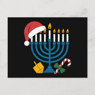 Hanukkah Menorah Christmas Santa Hat Dreidel Xmas Holiday Postcard