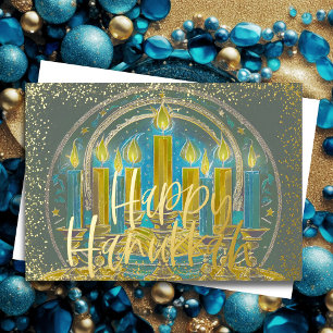 Hanukkah Menorah Drawing Yellow Blue Grey Foil Holiday Card