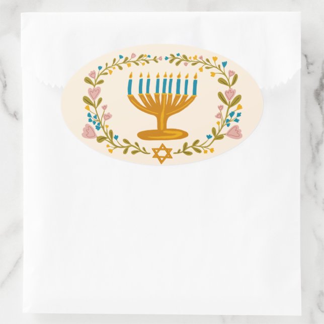 HANUKKAH Menorah floral wreath Jewish Holiday  Oval Sticker (Bag)