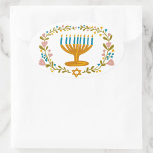 HANUKKAH Menorah floral wreath Jewish Holiday  Oval Sticker