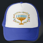 HANUKKAH Menorah floral wreath Jewish Holiday  Trucker Hat<br><div class="desc">Hand drawn florals by me for you.  Add your own text if you like. For more designs and colours check my shop! Or let me know if you'd like something custom.  Ask if you don't find what you need! :)</div>