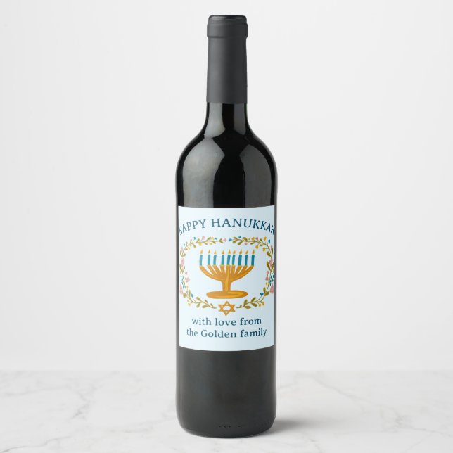 HANUKKAH Menorah floral wreath Jewish Holiday  Wine Label (Front)