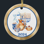 Hanukkah Menorah Gold Blue  Ceramic Ornament<br><div class="desc">This design may be personalised by choosing the Edit Design option. You may also transfer onto other items. Contact me at colorflowcreations@gmail.com or use the chat option at the top of the page if you wish to have this design on another product or need assistance with this design. See more...</div>