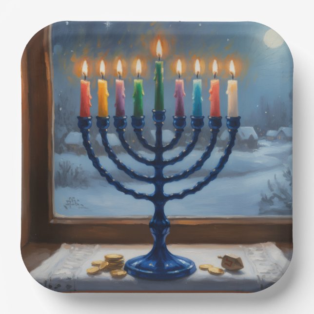 Hanukkah Menorah Holiday Paper Plate (Front)