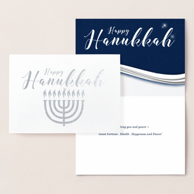 Hanukkah Menorah in Blue and Silver Modern Foil Card (Display)